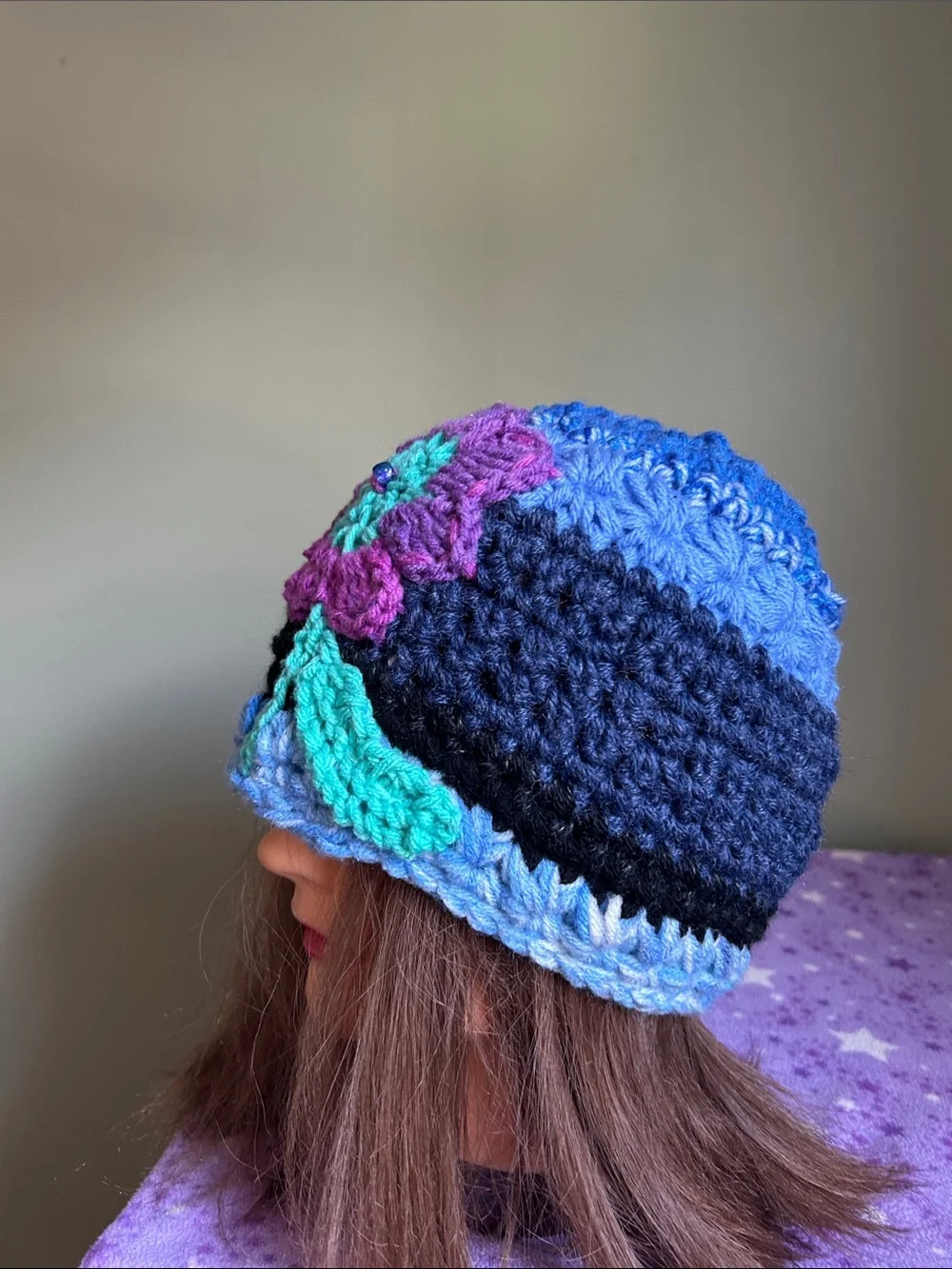 Crocheted Blue & Purple Flower Beanie medium acrylic beanie